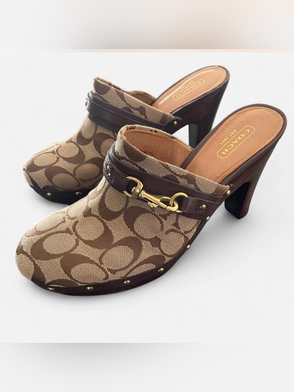 Coach Tan and Brown Signature Canvas Mule Clogs with Gold Hardware Y2K style